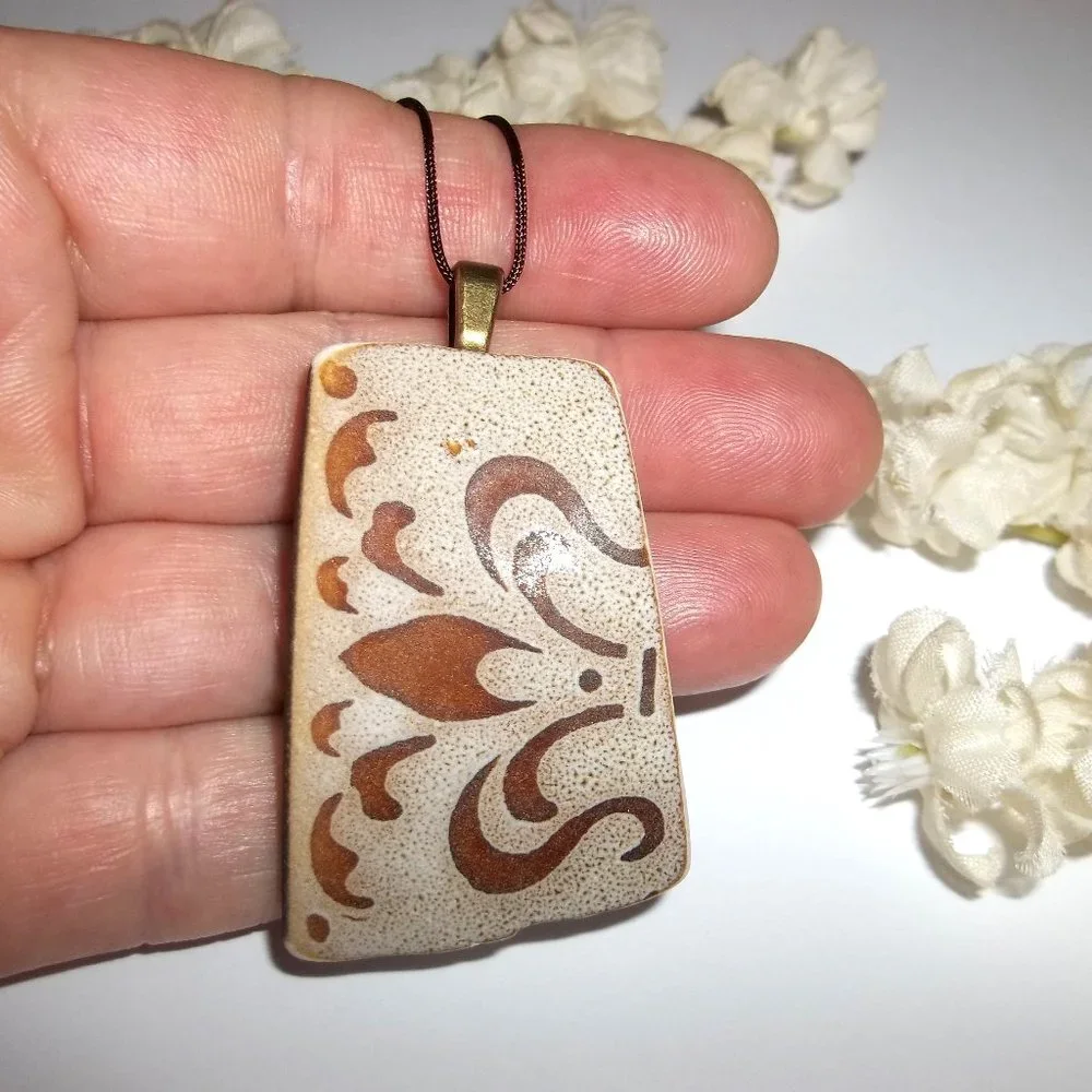 Handmade Beach Pottery Necklace Pendant Charm Brown Bronze Tan Boho Style C068
